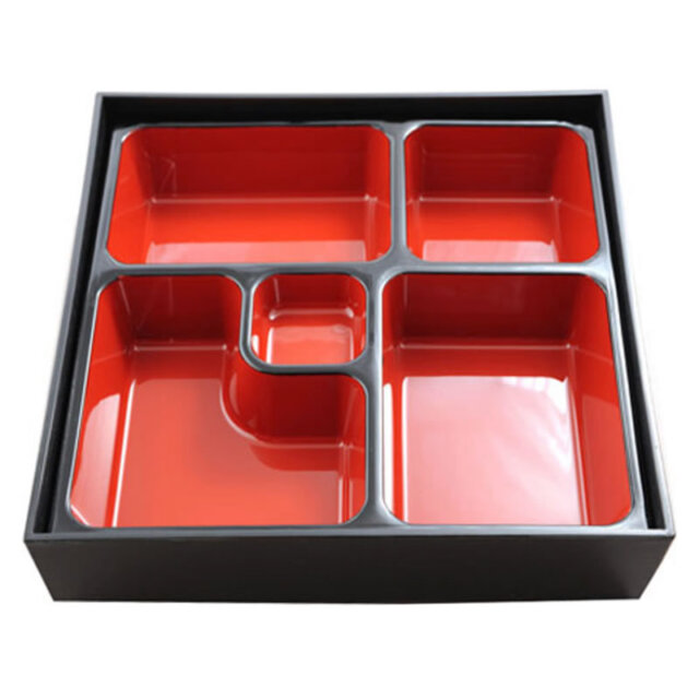 Red & Black Shokado Square Bento Box With Woodgrain Pattern