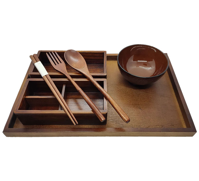 Two Tier Wood Bento Box Set Bowl, Chopsticks, Spoon & Tray