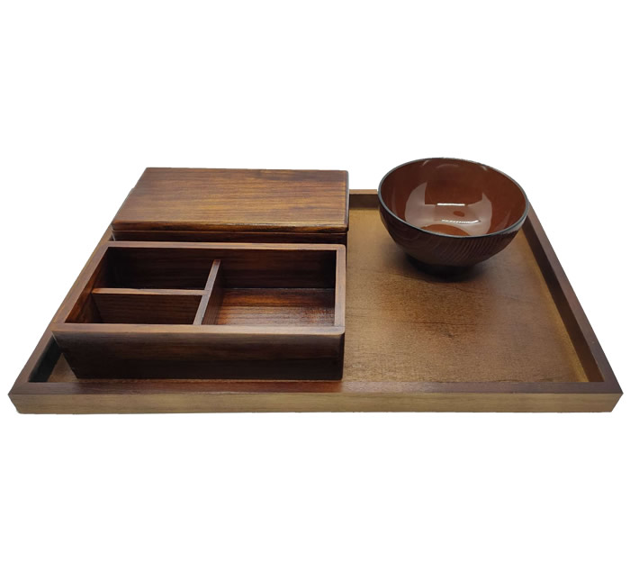 Two Tier Wood Bento Box Set Bowl, Chopsticks, Spoon & Tray