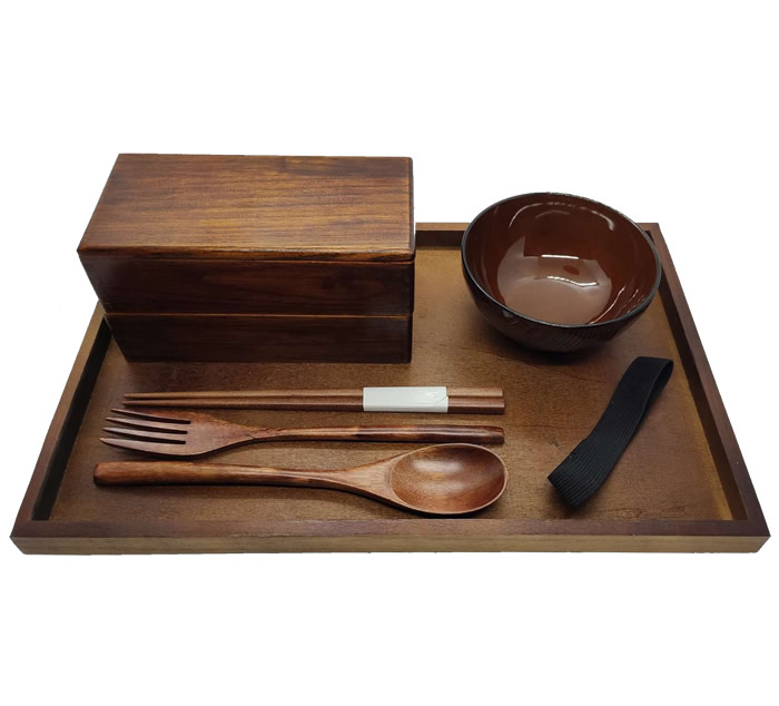 Two Tier Wood Bento Box Set Bowl, Chopsticks, Spoon & Tray