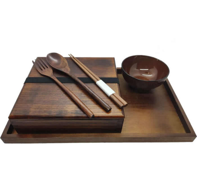 Wooden Bento Box Set With Bowl, Chopsticks, Spoon & Tray