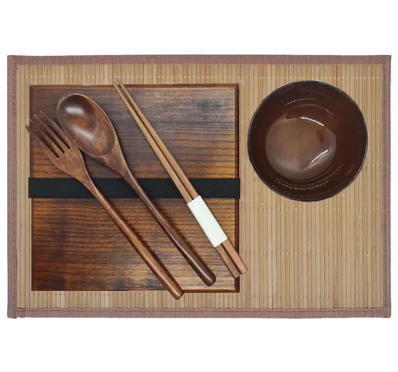 Wooden Bento Set & Bamboo Placemat, Chopsticks & Spoon