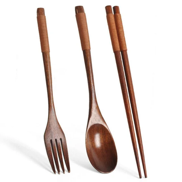 Wood Chopsticks, Spoon & Fork Set