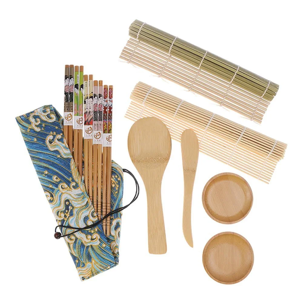 Sushi Making Kit Bamboo Sushi Mat - 2 Sushi Roller Mats, 1 Rice Paddle, 1  Rice Spreader, 5 Pairs Chopsticks, 2 Plates and 1 Canvas Chopstick Bag -  DIY Sushi/California Rolls Maker