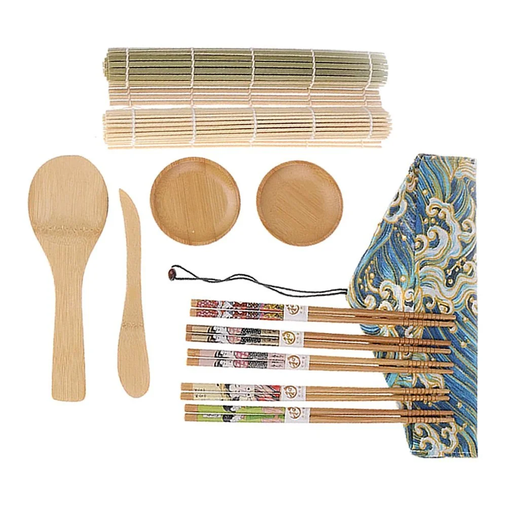 Sushi Making Kit Bamboo Sushi Mat - 2 Sushi Roller Mats, 1 Rice Paddle, 1  Rice Spreader, 5 Pairs Chopsticks, 2 Plates and 1 Canvas Chopstick Bag -  DIY Sushi/California Rolls Maker