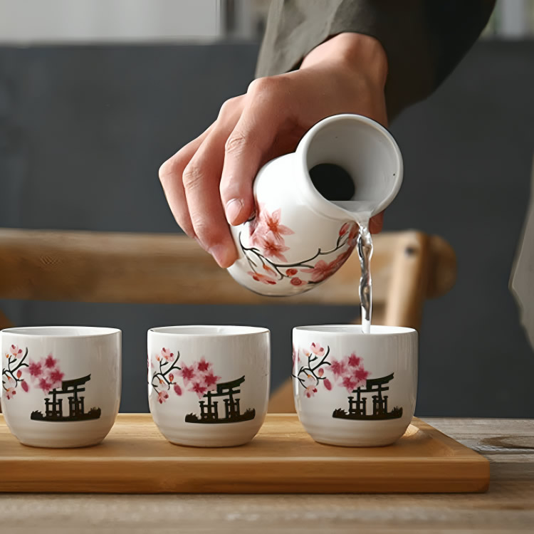 Japanese Sakura & Torii Sake Set Detailed