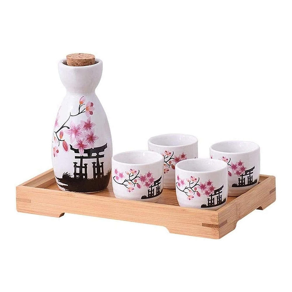 Japanese Sakura & Torii Sake Set With Bamboo Tray