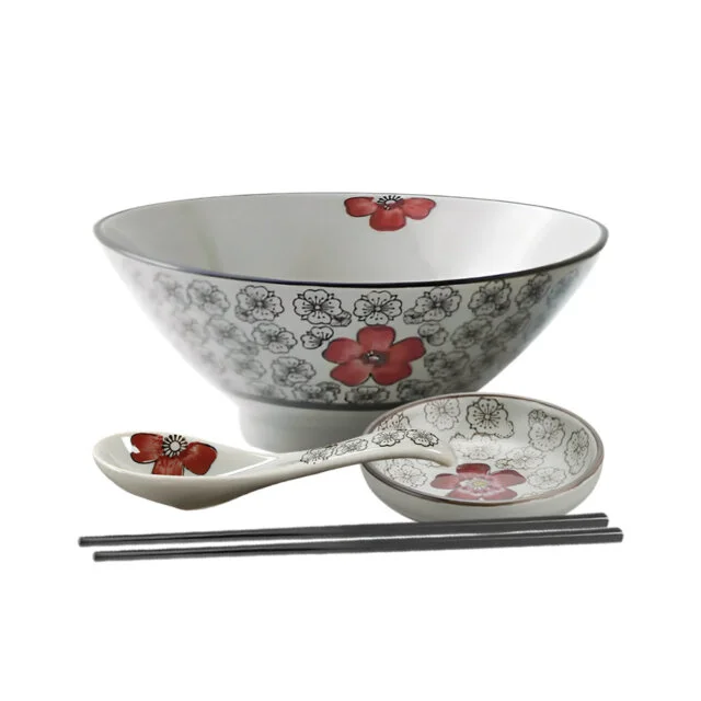 Crimson Red Ceramic Ramen Bowl Set