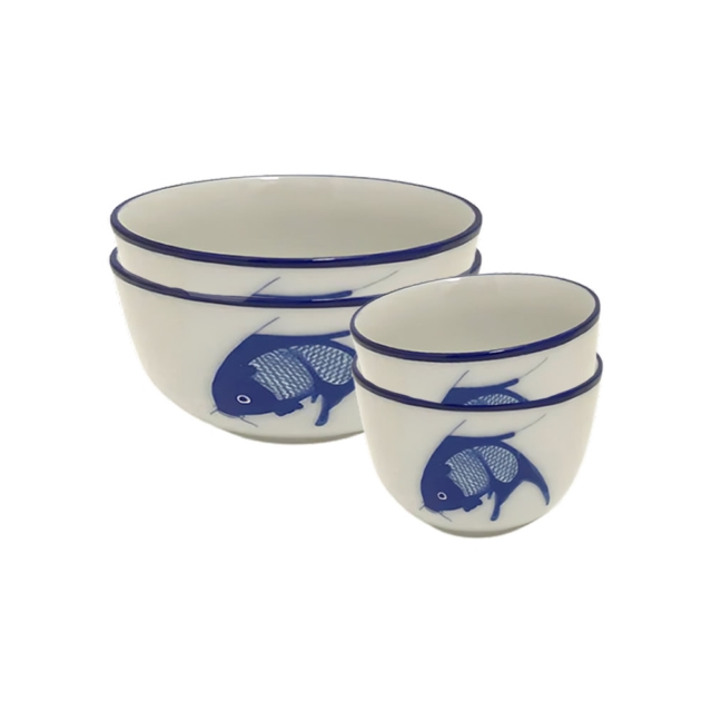 Classic Blue Koi Fish Bowl & Cup Set