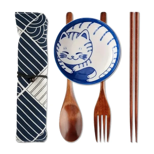 Cute Neko Sauce Dish & Wooden Cutlery Set