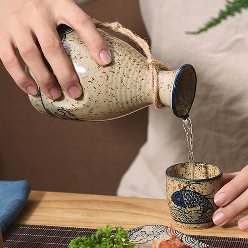 Large Sakana Sake Bottle, Warmer & Cup Set