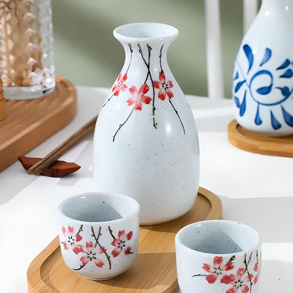 Pink Sakura Sake Bottle & Cups