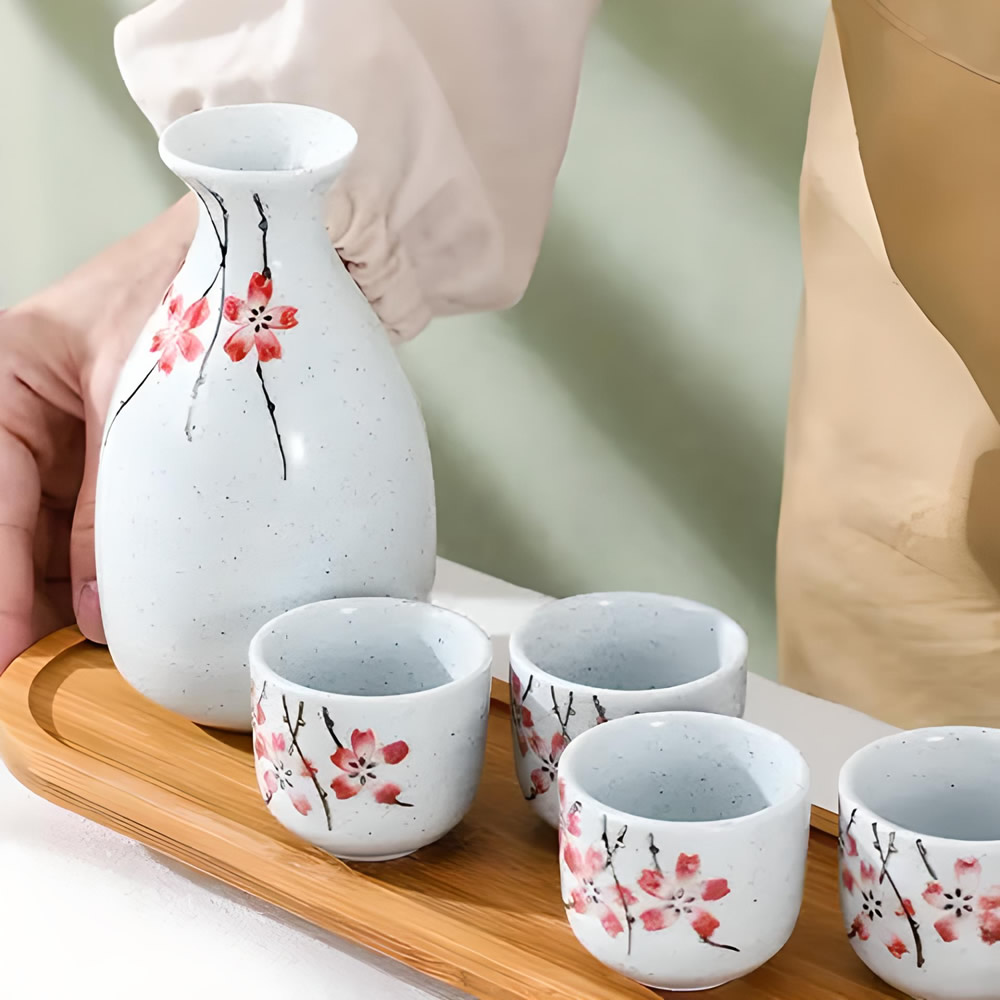 Pink Sakura Sake Set On Serving Tray