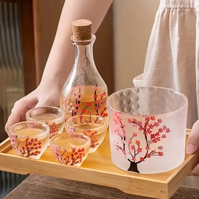 Blossoming Pink Sakura Frosted Glass Sake Set