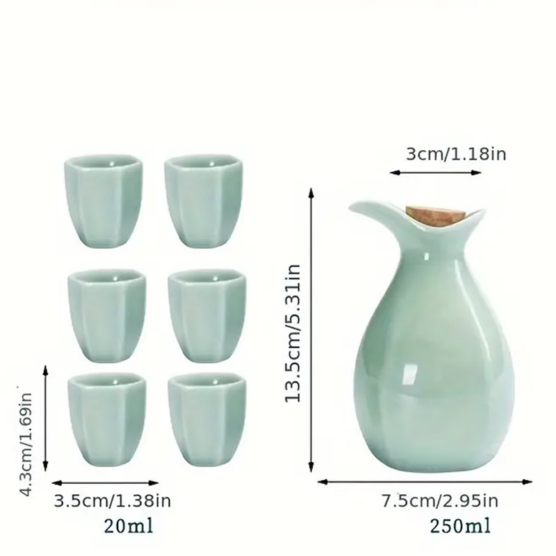 Kiyomizu Glaze Sake Set & Bamboo Tray Dimensions