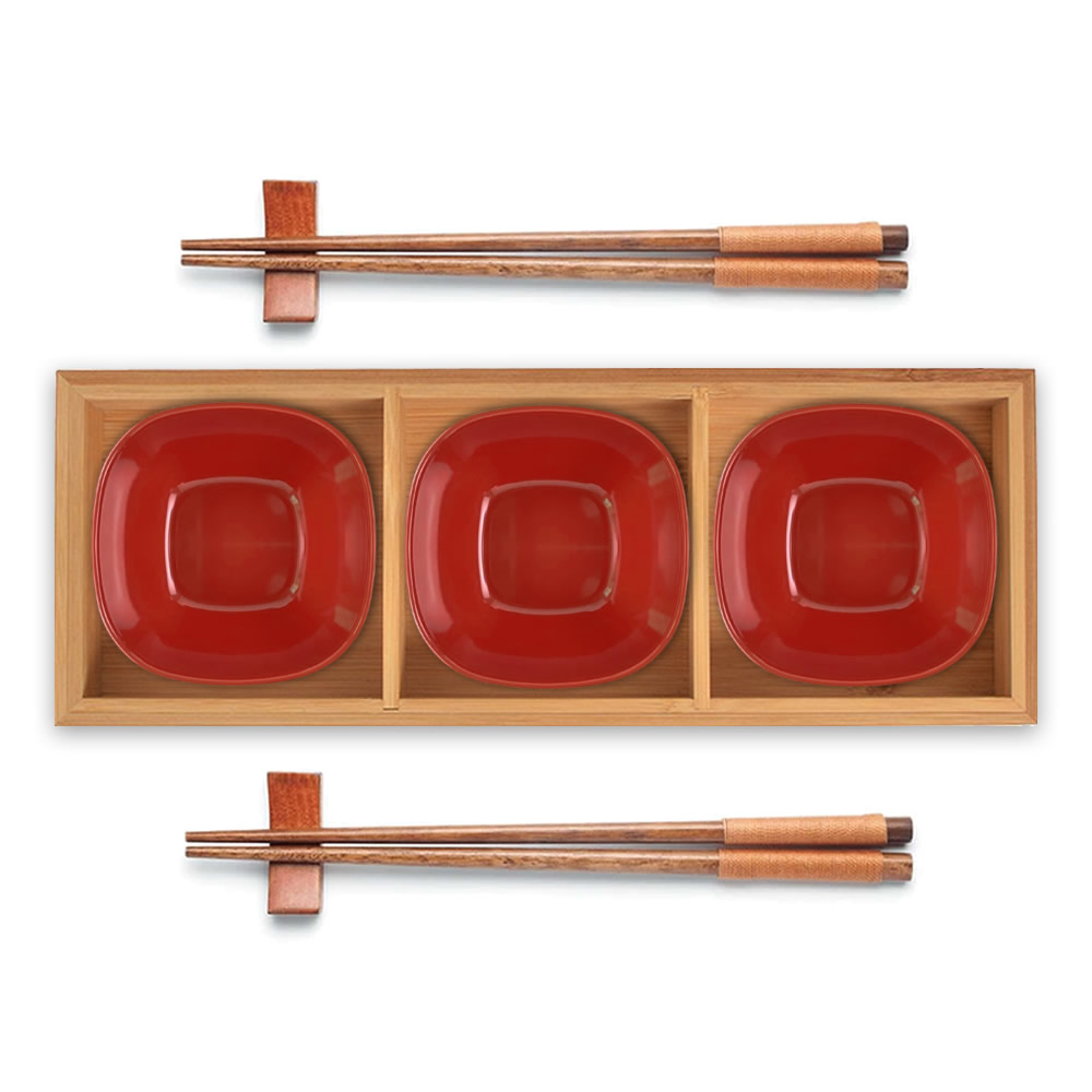 Bamboo Bento Tray With Red & Black Bowl Set