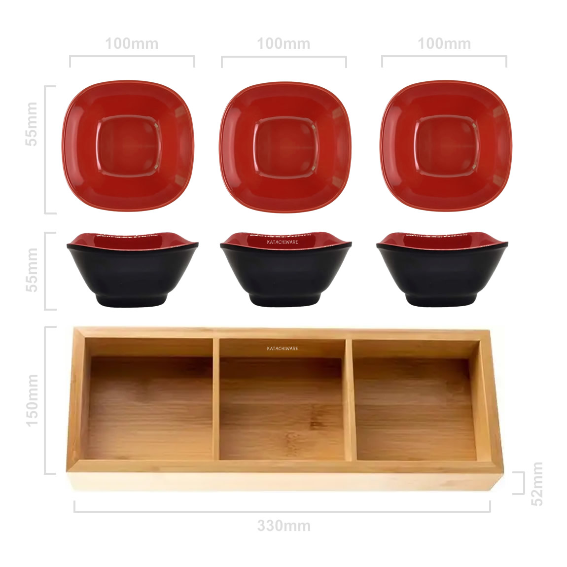 Bamboo Bento Tray With Red & Black Bowl Set