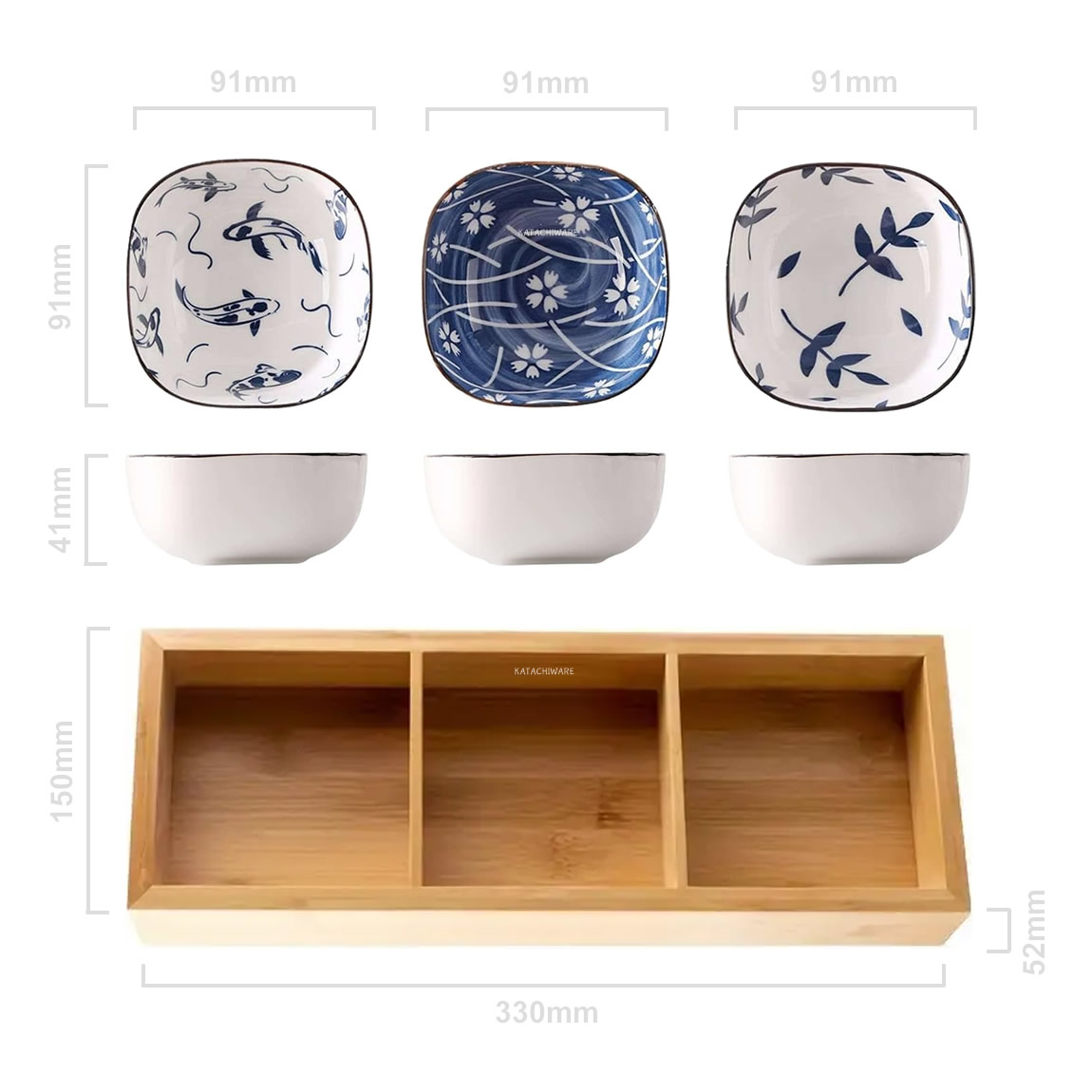 Koi Hana Bento Tray & Ceramic Bowl Set Dimensions