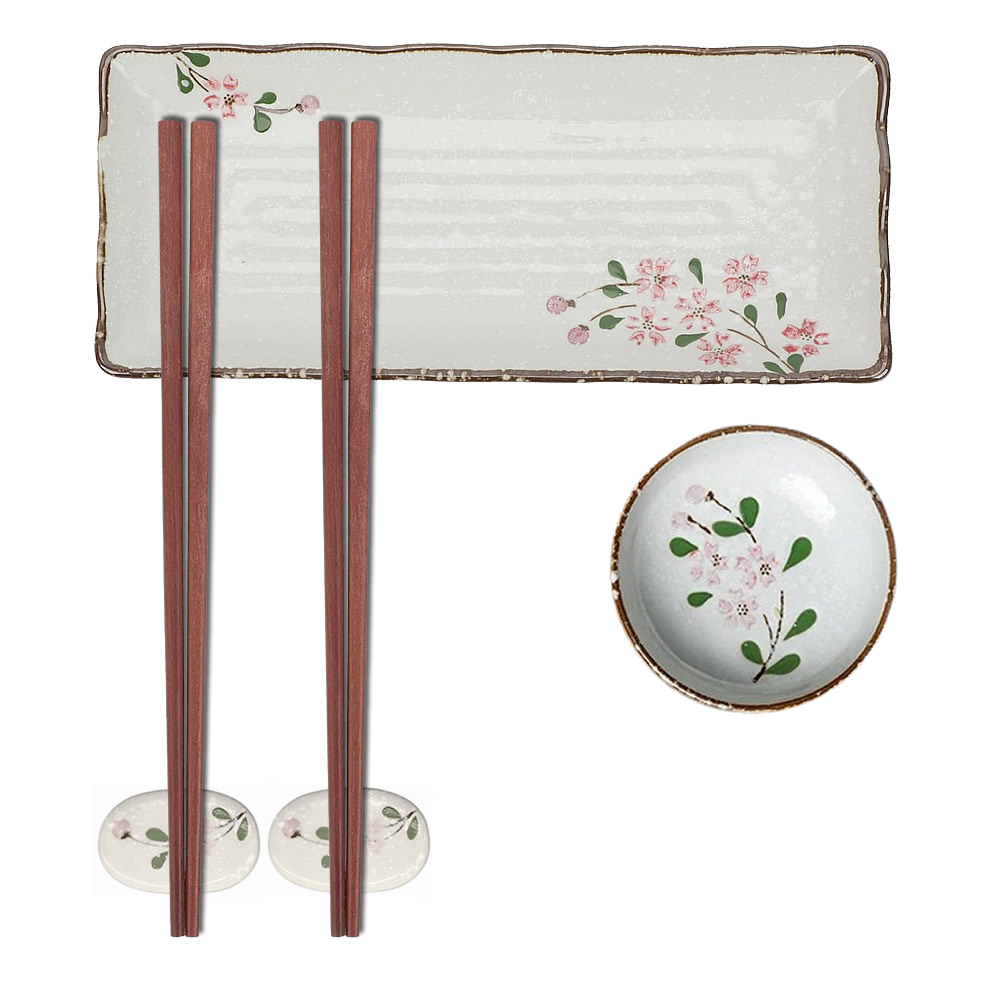 Pink Sakura Sushi Plate, Sauce Tray & Chopstick Set