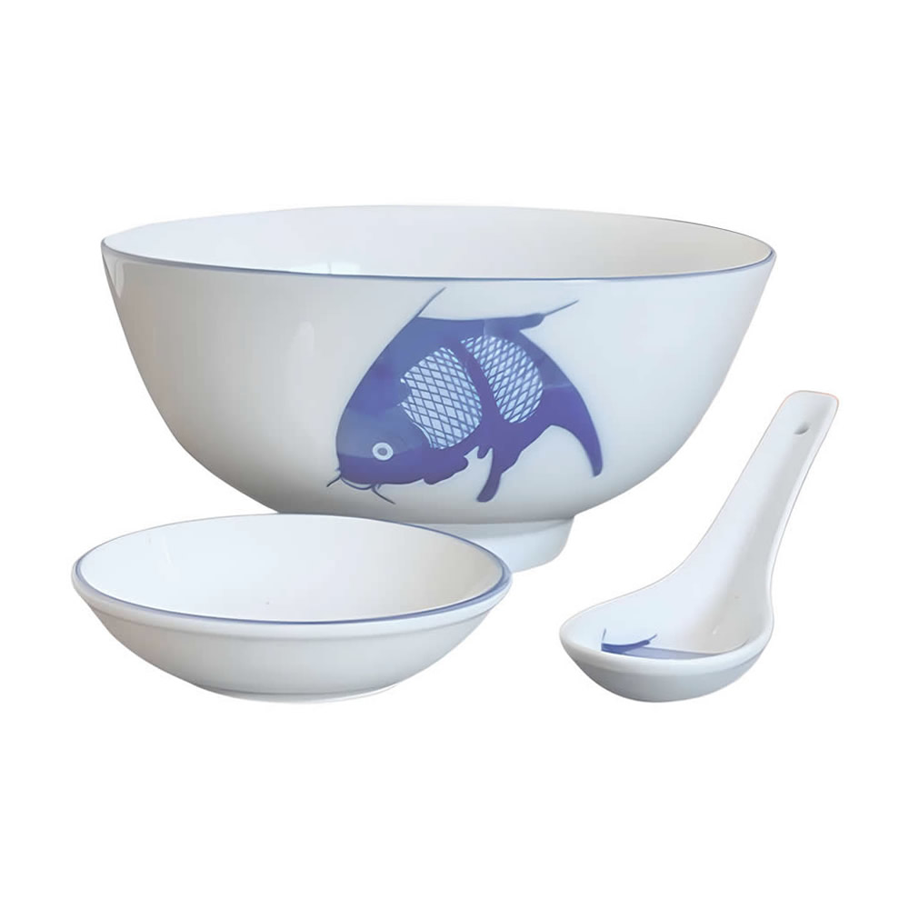 Blue Koi Carp Bowl, Sauce Dish & Spoon Set.