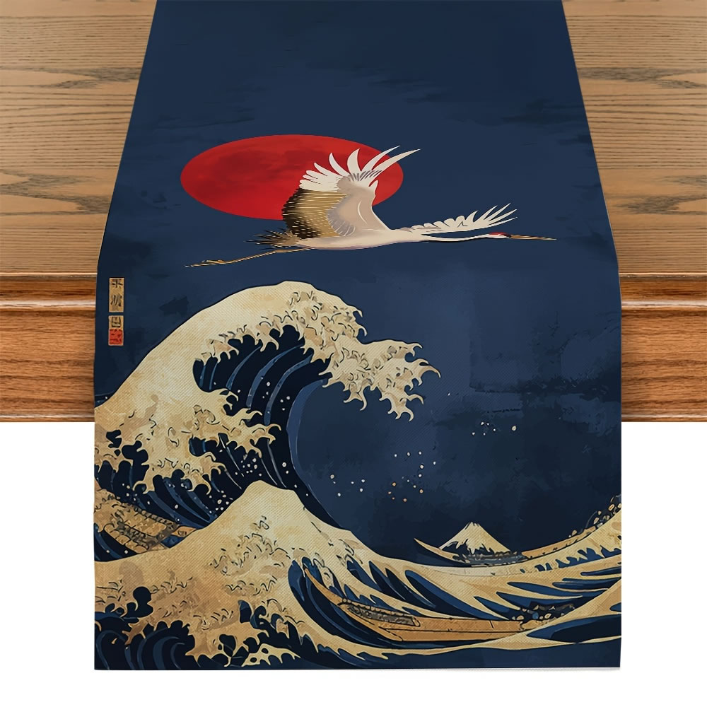 Majestic Crane & Great Wave Table Runner