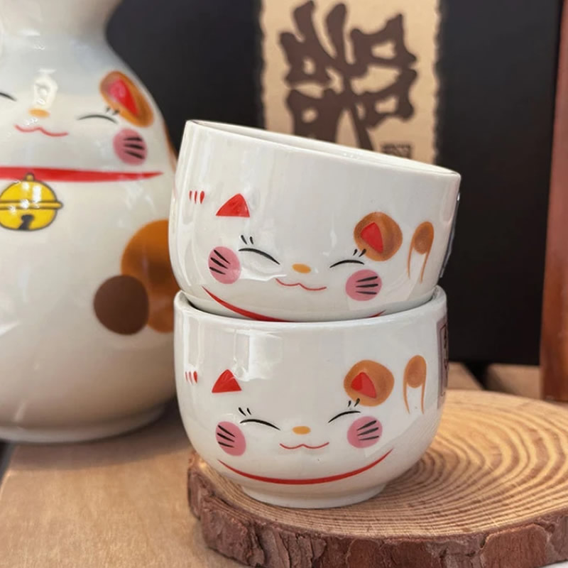 Kawaii Maneki Neko Sake Set Close Up